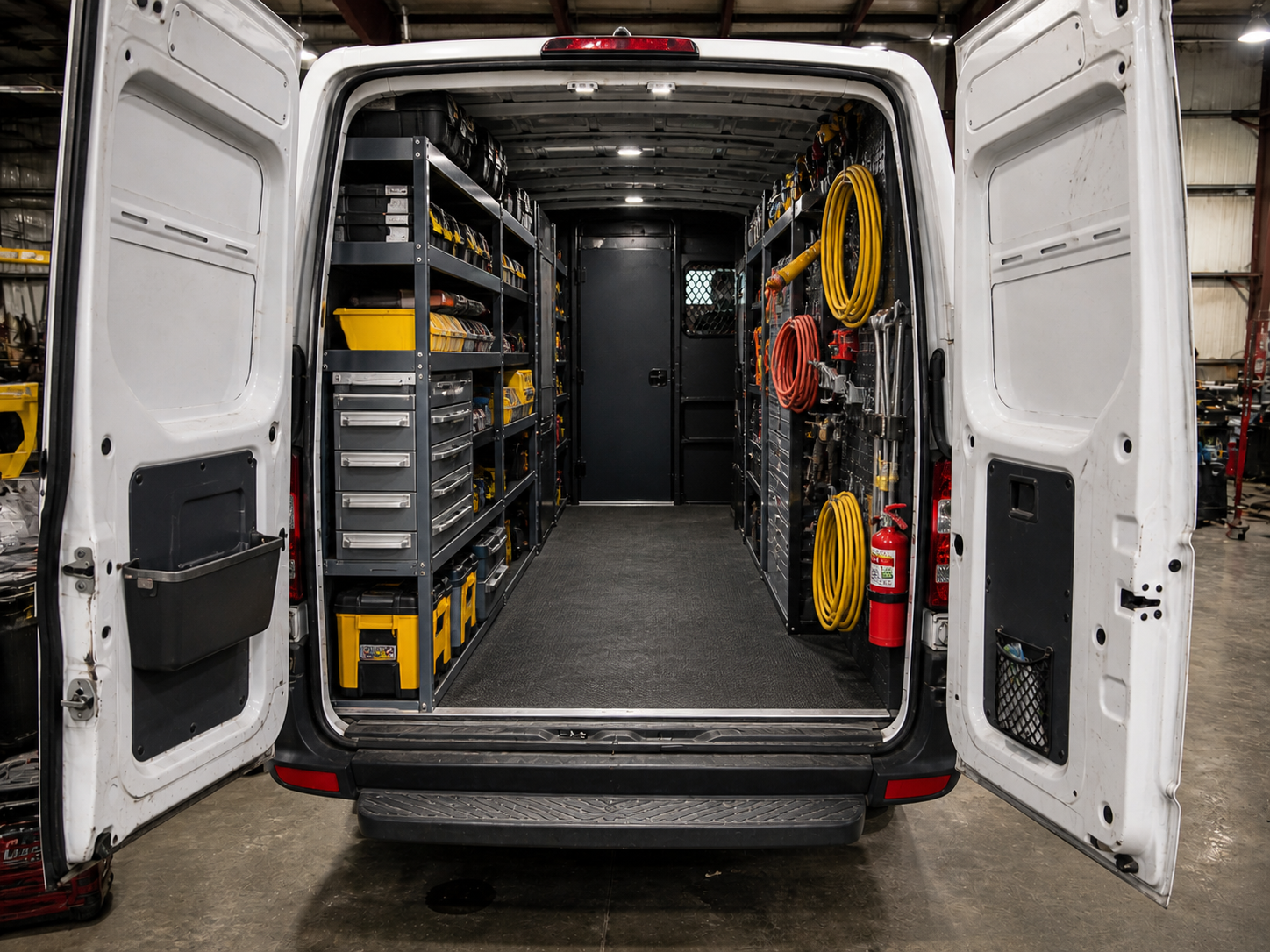 Organized work van interior with shelving, drawers, and tools mounted on the walls
