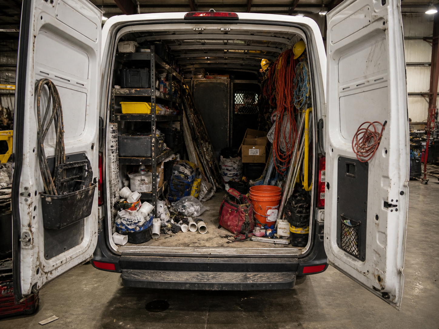 Disorganized work van interior with tools, hoses, and bags piled on the floor